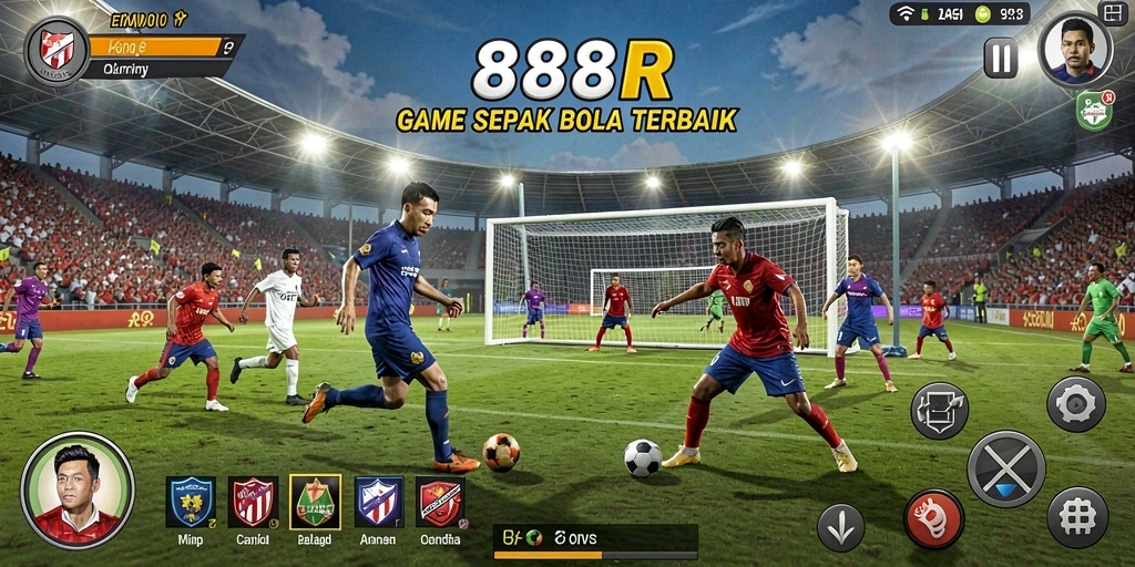 Tampilan gameplay seru dengan pertandingan sepak bola yang mendebarkan.