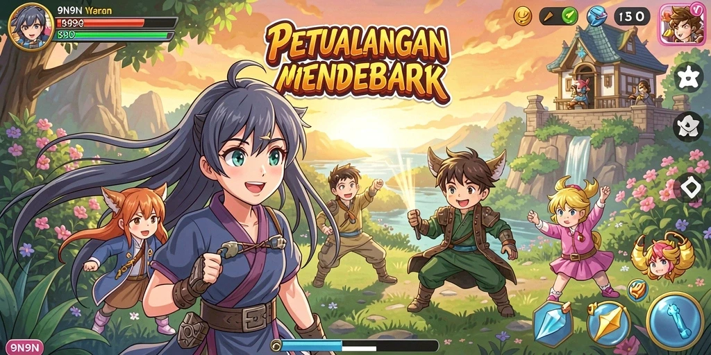 Screenshot dari gameplay <strong>9N9N</strong> menunjukkan karakter sedang bertarung dengan musuh di dunia anime.