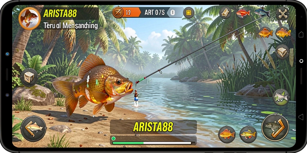 Tampilan gameplay ARISTA88 dengan pengalaman memancing yang mendebarkan.