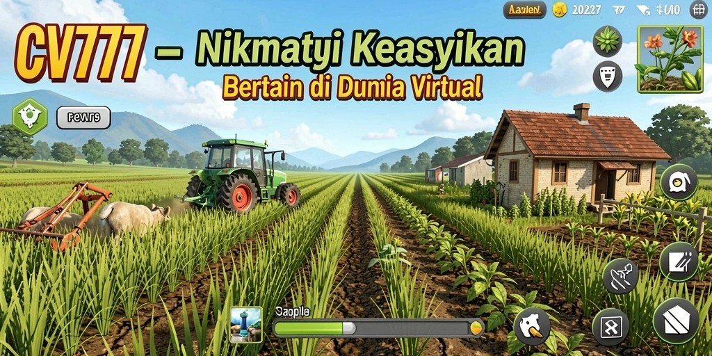 Tangkapan layar gameplay CV777 menampilkan petak kebun yang subur dengan tanaman dan hewan ternak.