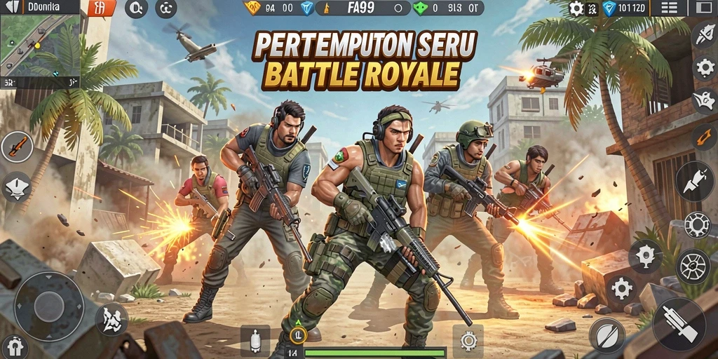 Tampilan gameplay seru dalam FA99 saat bertempur di arena Battle Royale.