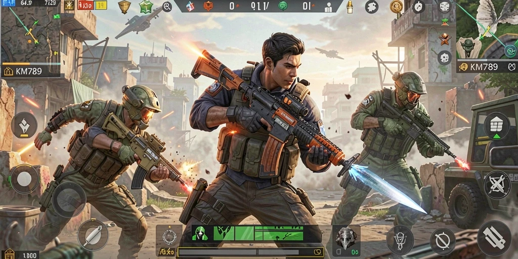 Screenshot gameplay KM789 menampilkan aksi seru dalam pertempuran Battle Royale.