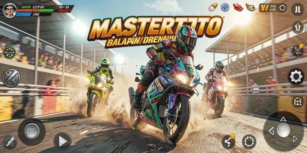 Screenshot gameplay MASTERTOTO menampilkan aksi balapan motor yang seru.