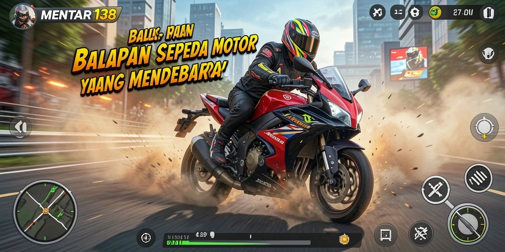 Screenshot gameplay MENTARI138 menunjukkan balapan motor yang seru dan mendebarkan.