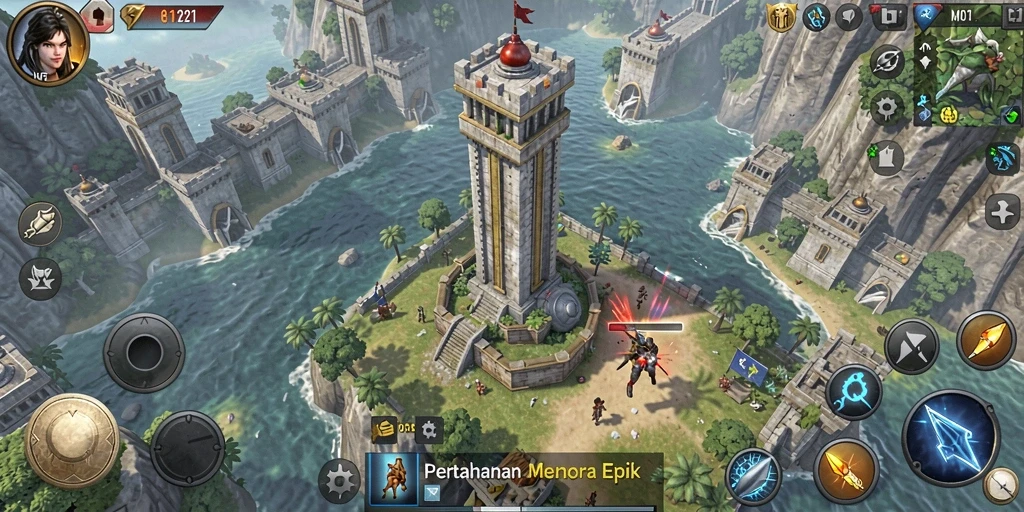 Tampilan gameplay menara pertahanan yang seru dan strategis.