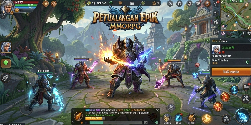 Tangkapan layar gameplay MT777 menampilkan pertempuran epik dalam dunia MMORPG yang luas.