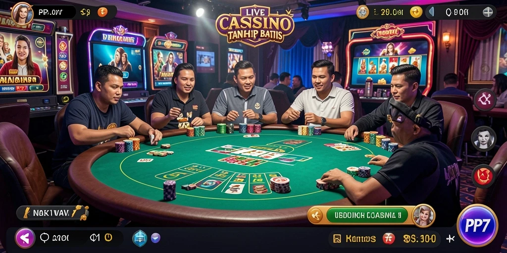 Tampilan gameplay Live Casino di PP7 dengan dealer langsung dan permainan menarik.