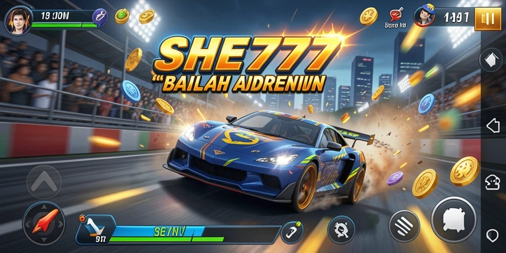 Tampilan gameplay menarik dari SHE777 dengan aksi balap cepat.