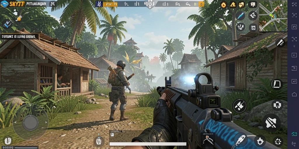 Tangkapan layar gameplay <strong>SKY77</strong> yang menampilkan aksi tembak-menembak yang epik.