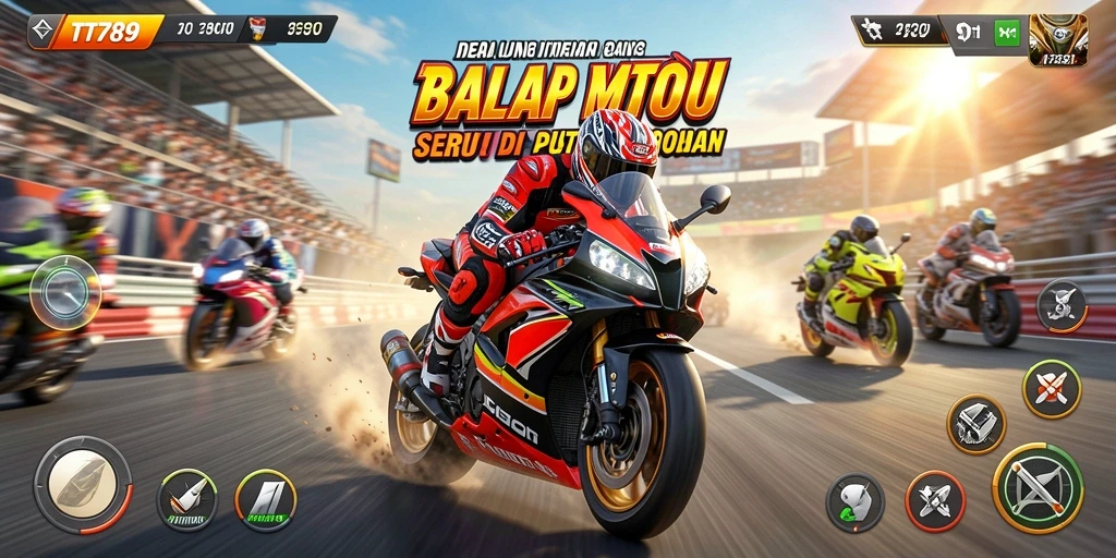 Tangkapan layar gameplay TT789 menampilkan keseruan balapan motor di trek yang menantang.